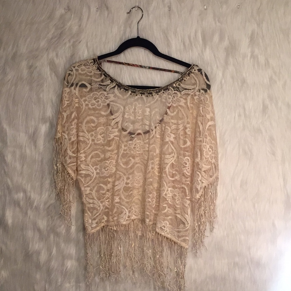 Loose lace and beaded fringe cream shawl